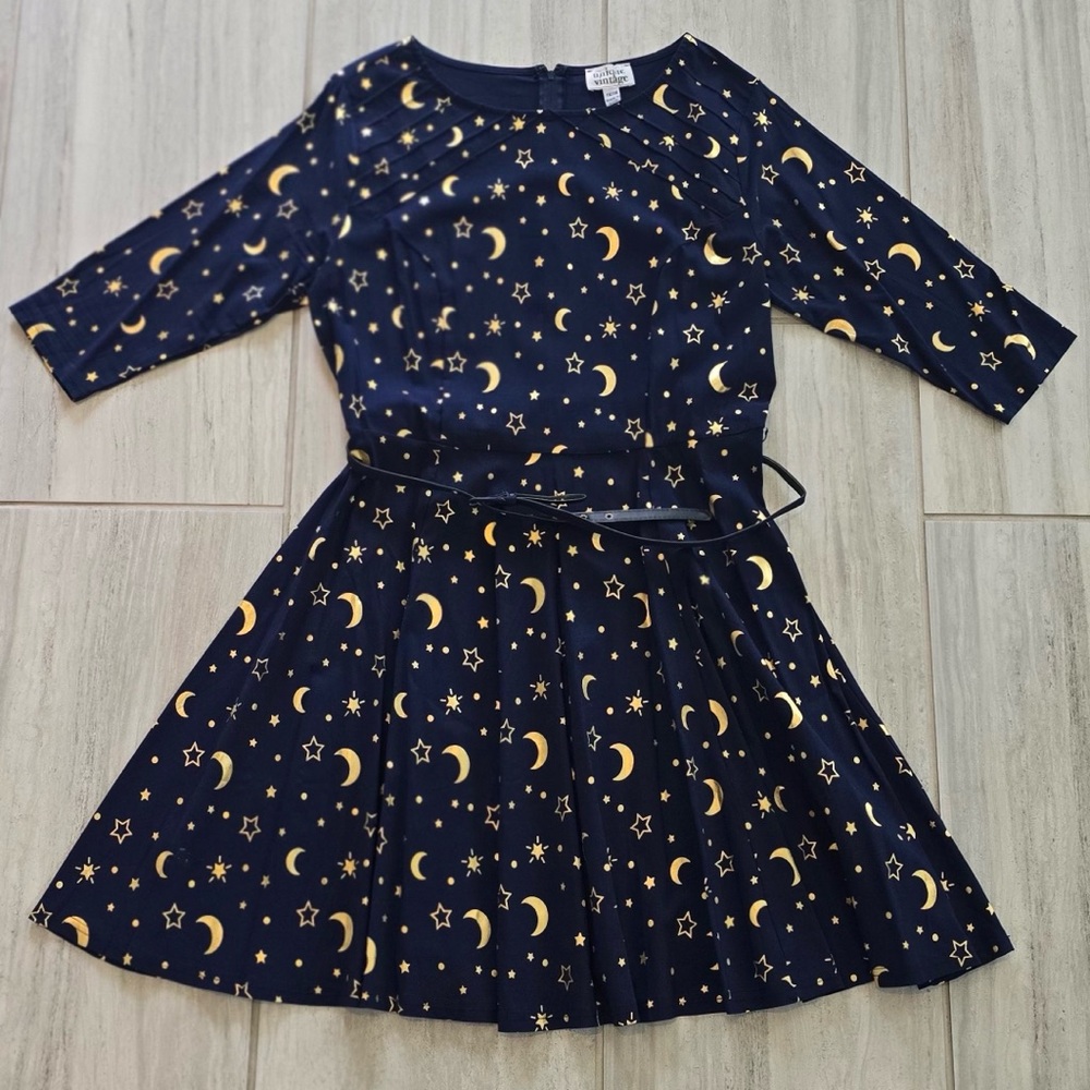 Unique Vintage Navy Blue Dress with Celestial Print
